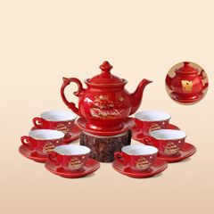 Quà tặng Quân đội - Bộ ấm trà Đài Các men đỏ Thuận buồm vẽ vàng