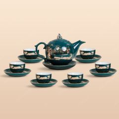 Bộ ấm trà Ngọn lửa men lam sen vàng kẻ vàng