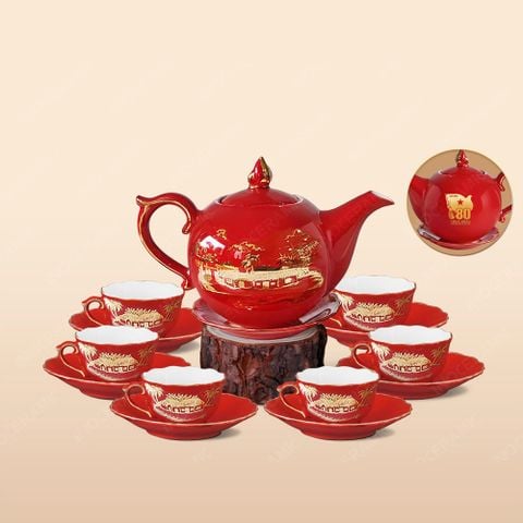 Quà tặng Quân đội - Bộ ấm trà Mẫu Đơn men đỏ Hào gia phú quý vẽ vàng
