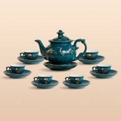 Bộ trà Đài Các men lam Phúc Lộc Thọ kẻ chỉ vàng