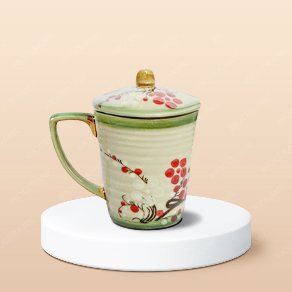 Ly vát có nắp men màu vẽ tay in logo