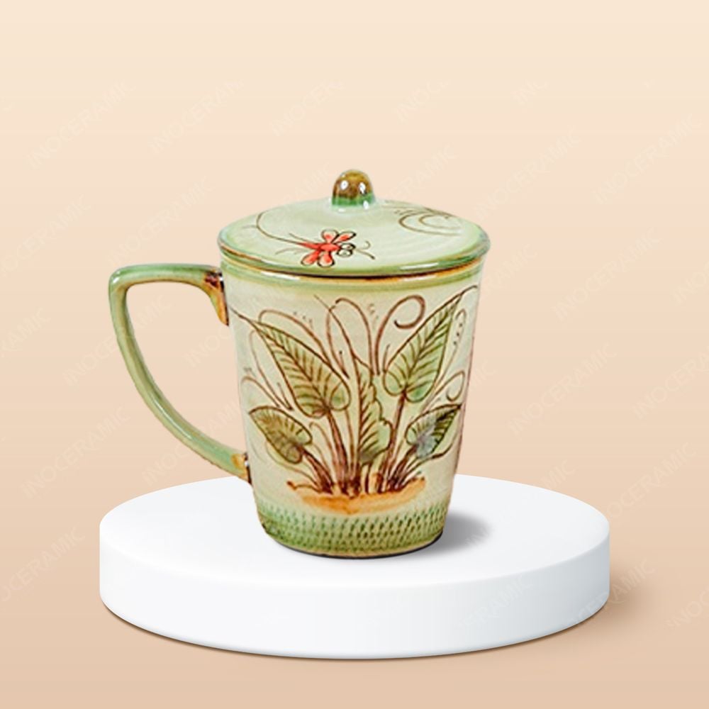 Ly vát có nắp men màu vẽ tay in logo