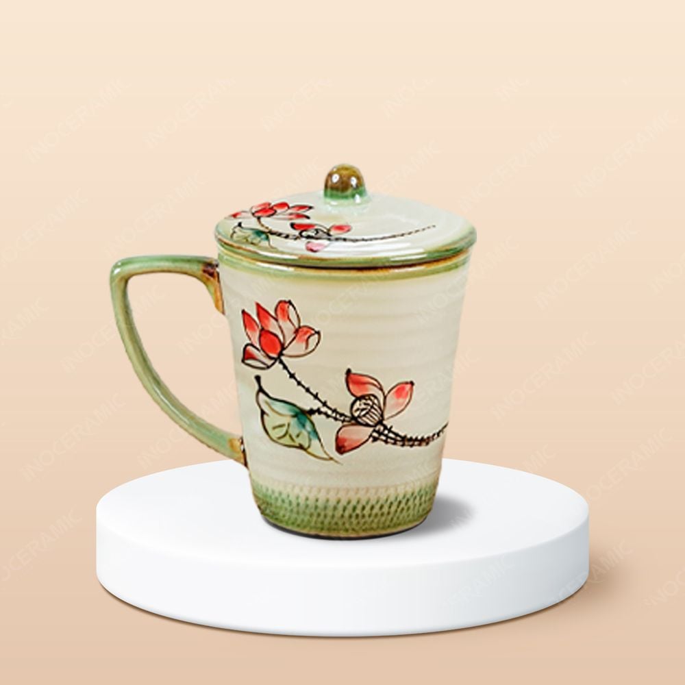 Ly vát có nắp men màu vẽ tay in logo