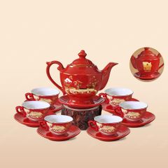 Quà tặng Quân đội - Bộ ấm trà Đèn thần men đỏ Hào gia phú quý