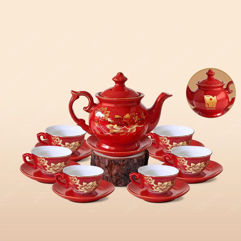 Quà tặng Quân đội - Bộ ấm trà Đài Các men đỏ Sen vàng