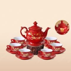 Quà tặng Quân đội - Bộ ấm trà Đài Các men đỏ Sen vàng