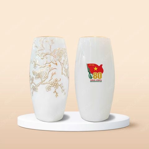 Quà tặng Quân đội - Lọ hoa Chim sẻ mùa xuân khắc nổi vẽ vàng H30