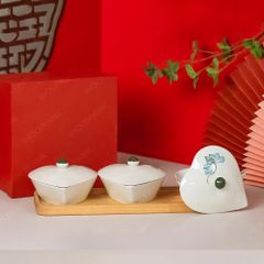 Khay 3 hũ mứt tim vẽ hoa sen xanh Bát Tràng – Quà Tết in logo tinh tế