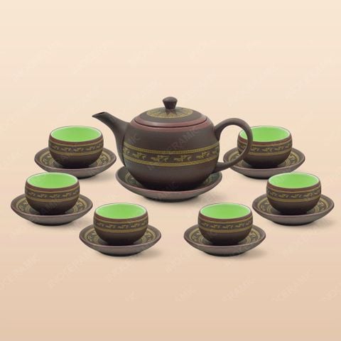 Bộ trà ấm trăng tròn tử sa hạc vàng