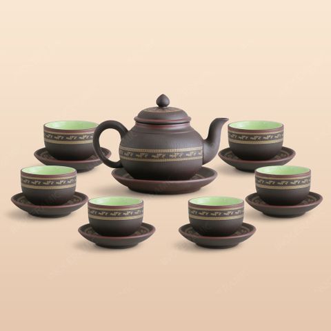 Bộ trà ấm dáng bí tử sa nâu hạc vàng