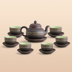 Bộ trà ấm dáng bí tử sa nâu hạc vàng
