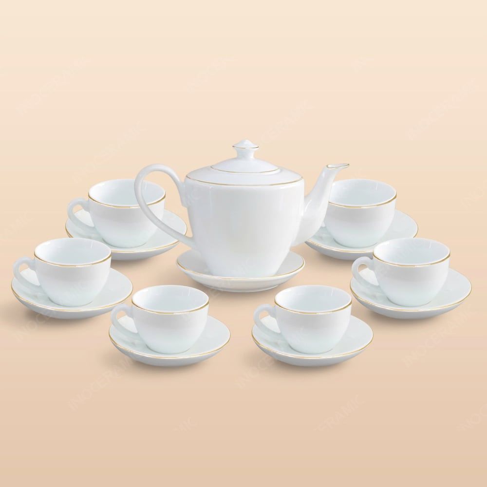 Bộ ấm trà vai vuông kẻ chỉ vàng in logo