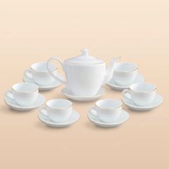 Bộ ấm trà vai vuông kẻ chỉ vàng in logo