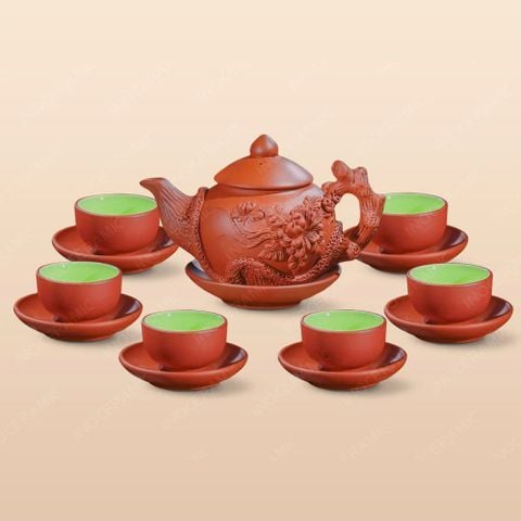 Bộ ấm trà Châu Hoa tử sa đỏ đắp nổi phù dung