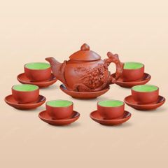 Bộ ấm trà Châu Hoa tử sa đỏ đắp nổi phù dung
