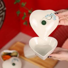 Khay 3 hũ mứt tim vẽ hoa sen xanh Bát Tràng – Quà Tết in logo tinh tế