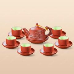 Bộ ấm trà Nhã Viên tử sa đỏ đắp nổi cành trúc