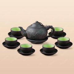 Bộ ấm trà tử sa đen rồng khắc nổi