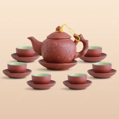 Bộ ấm trà Châu hoa tử sa đỏ khắc sen