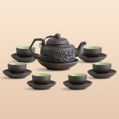 Bộ ấm trà Hồng giang tử sa đen hoa cúc đắp nổi