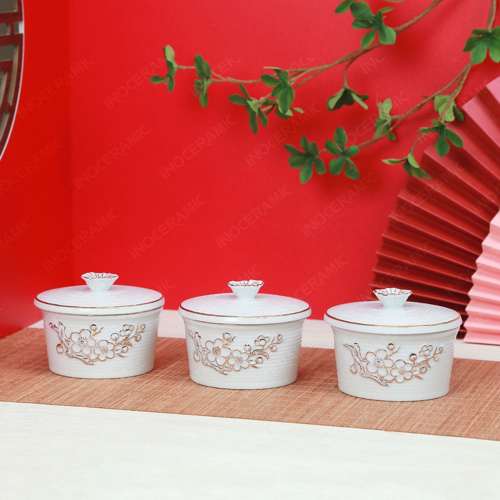 Combo 3 hũ mứt men trắng vẽ vàng Bát Tràng – Quà Tết doanh nghiệp cao cấp