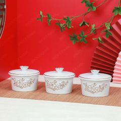 Combo 3 hũ mứt men trắng vẽ vàng Bát Tràng – Quà Tết doanh nghiệp cao cấp