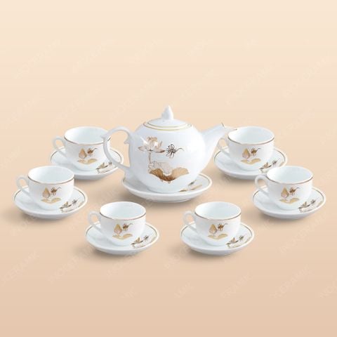 Bộ ấm trà Ngọn lửa sen vàng kẻ chỉ vàng in logo - Mẫu 03