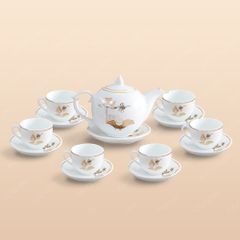 Bộ ấm trà Ngọn lửa sen vàng kẻ chỉ vàng in logo - Mẫu 03