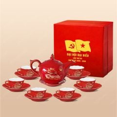 Quà tặng Đại hội Đảng - Bộ ấm trà Mẫu Đơn men đỏ thuận buồn kẻ vàng