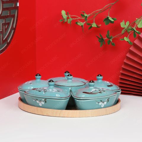 Bộ 06 hũ mứt men lam hoa đào trắng