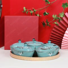 Bộ 06 hũ mứt men lam hoa đào trắng