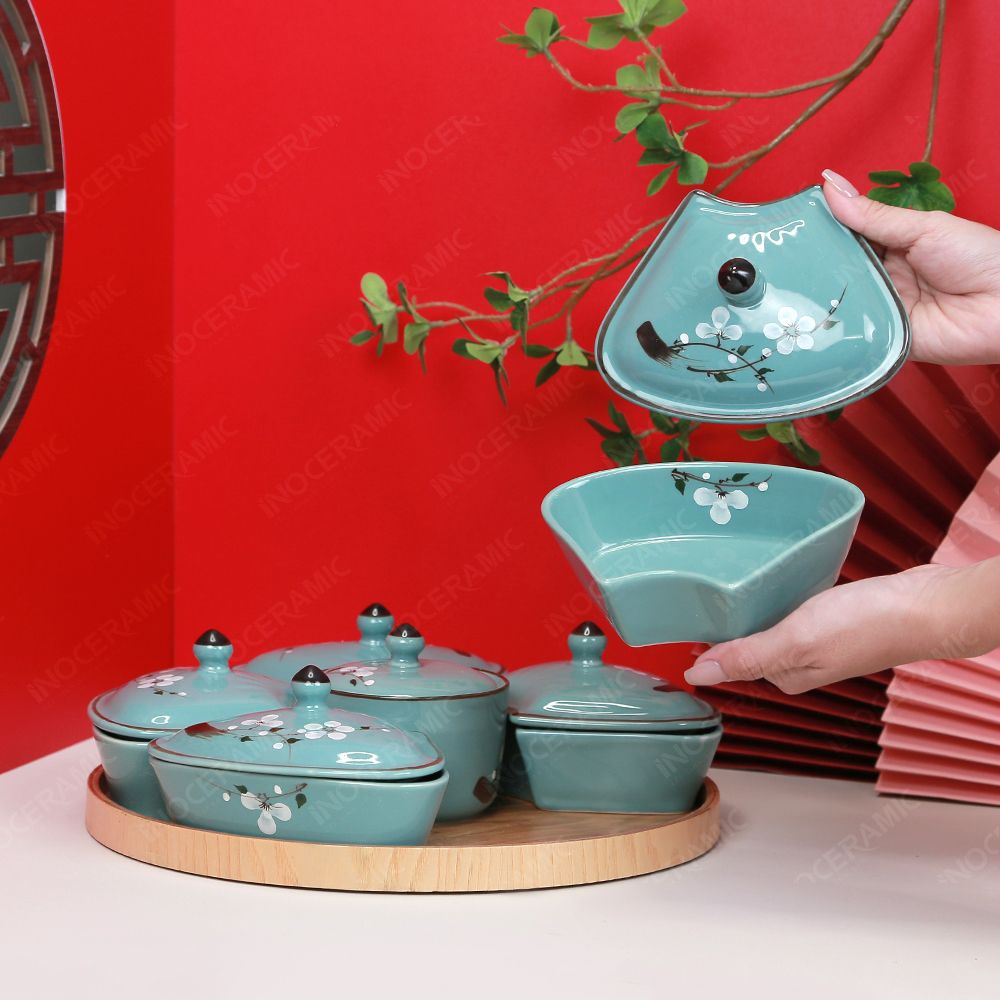 Bộ 06 hũ mứt men lam hoa đào trắng