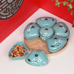 Bộ 06 hũ mứt men lam hoa đào trắng