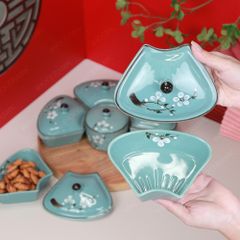 Bộ 06 hũ mứt men lam hoa đào trắng