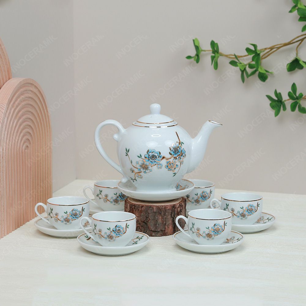 Bộ ấm trà Camelia đào xanh kẻ chỉ vàng