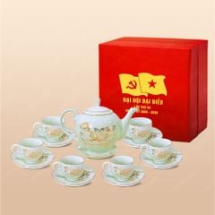 Quà tặng Đại hội Đảng - Bộ ấm trà Camelia men ngọc sen vàng kẻ vàng