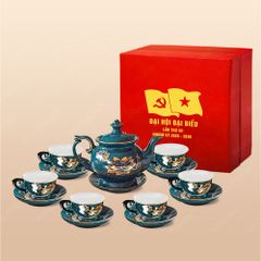 Quà tặng Đại hội Đảng - Bộ  ấm trà Đài Các men lam sen vàng kẻ vàng