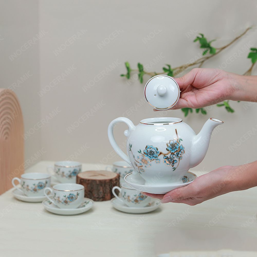 Bộ ấm trà Camelia đào xanh kẻ chỉ vàng