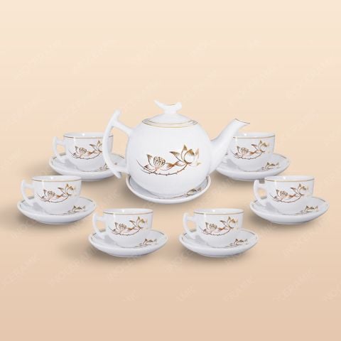 Bộ ấm trà Bưởi cành sen vàng kẻ chỉ vàng - Mẫu 01