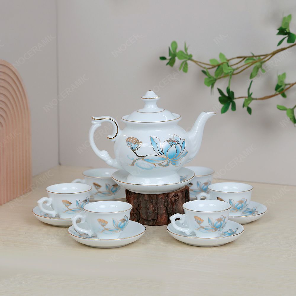 Bộ ấm trà Đài Các sen xanh kẻ vàng