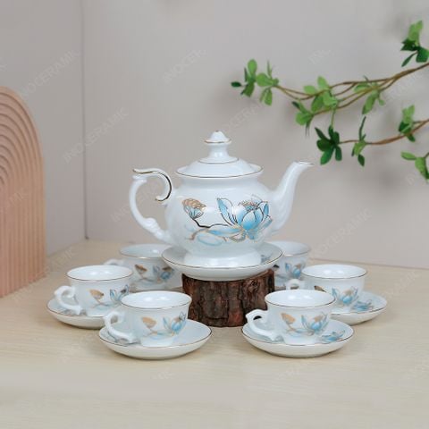 Bộ ấm trà Đài Các sen xanh kẻ vàng