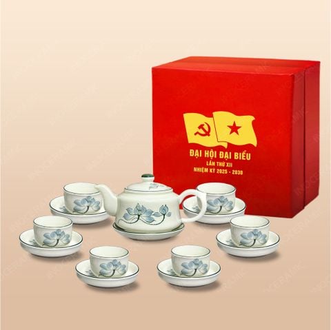 Quà tặng Đại hội Đảng - Bộ ấm trà Ấm Vai Vuông vẽ sen xanh