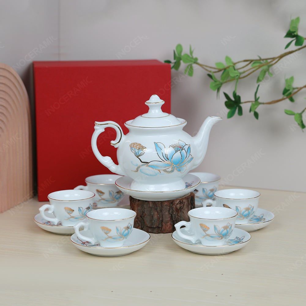 Bộ ấm trà Đài Các sen xanh kẻ vàng