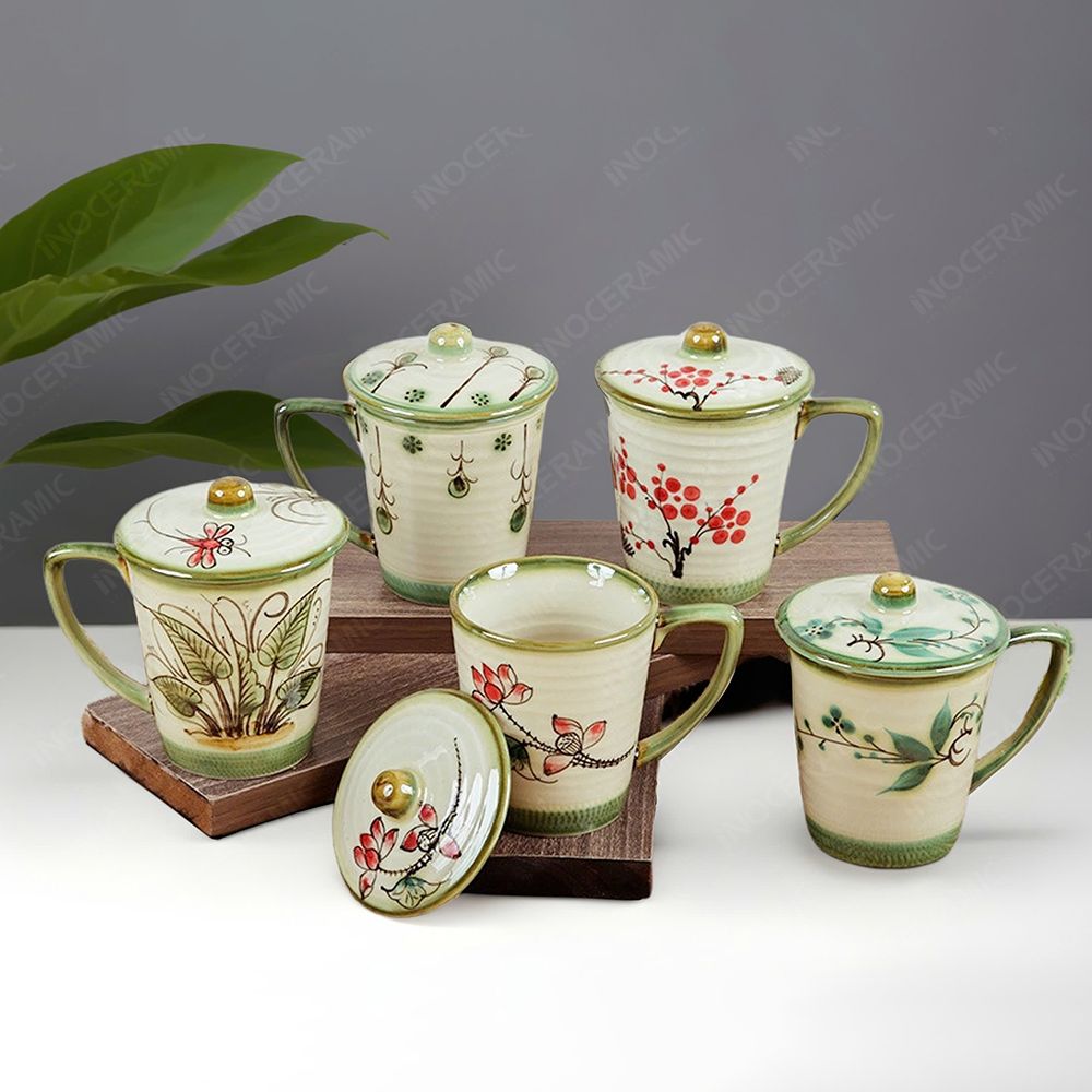 Ly vát có nắp men màu vẽ tay in logo