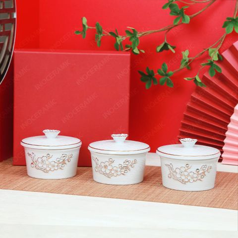 Bộ 03 hũ mứt hoa mai vẽ vàng men trắng