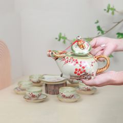 Bộ ấm trà Mục đồng cưỡi trâu men ngọc vẽ đào đông