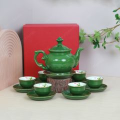 Bộ ấm trà Đài Các men lục vẽ sen chỉ vàng