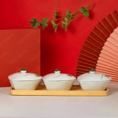 Bộ 3 hũ đựng mứt tim vẽ đài sen Bát Tràng – Quà Tết tinh tế, cao cấp