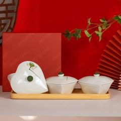 Bộ 3 hũ đựng mứt tim vẽ đài sen Bát Tràng – Quà Tết tinh tế, cao cấp