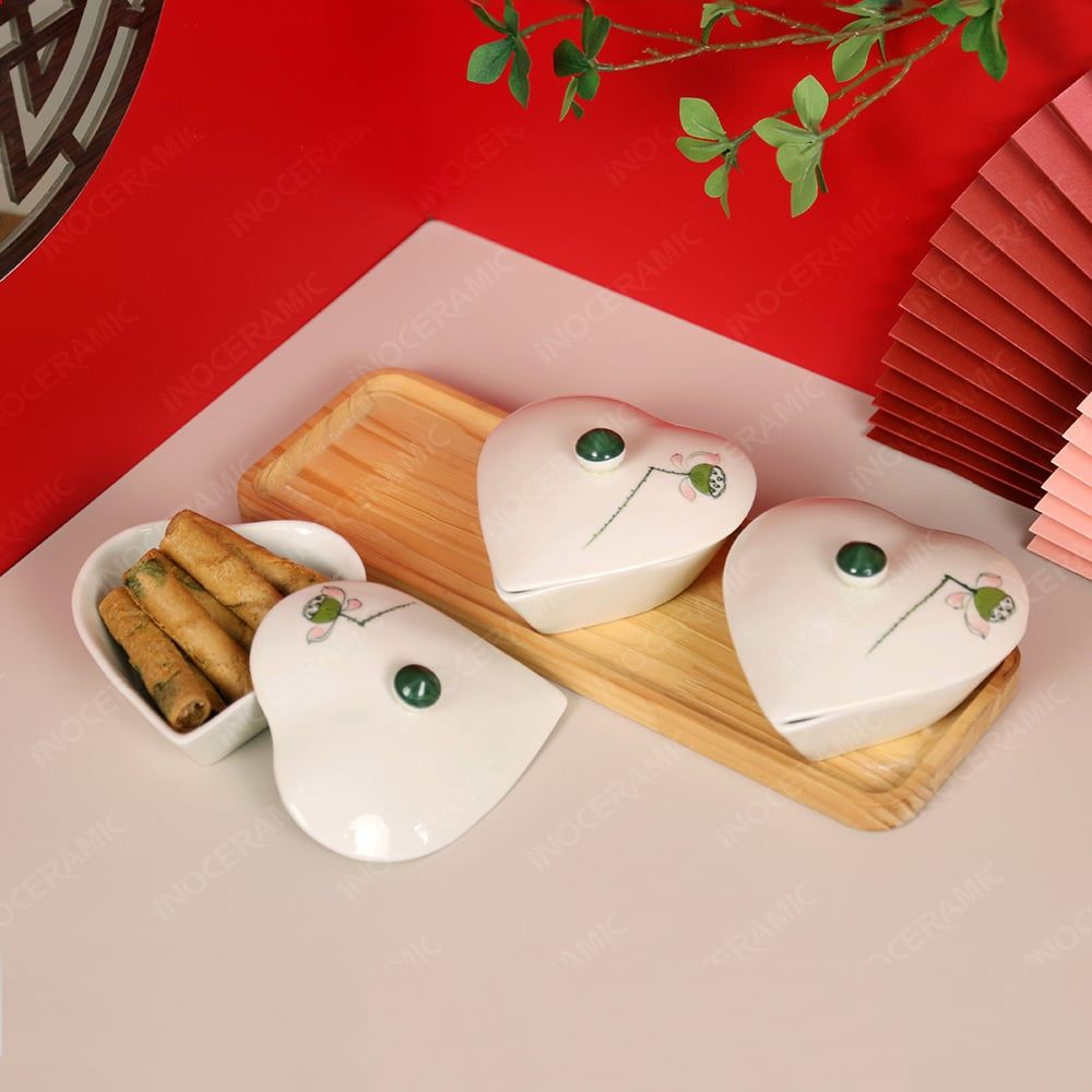 Bộ 3 hũ đựng mứt tim vẽ đài sen Bát Tràng – Quà Tết tinh tế, cao cấp